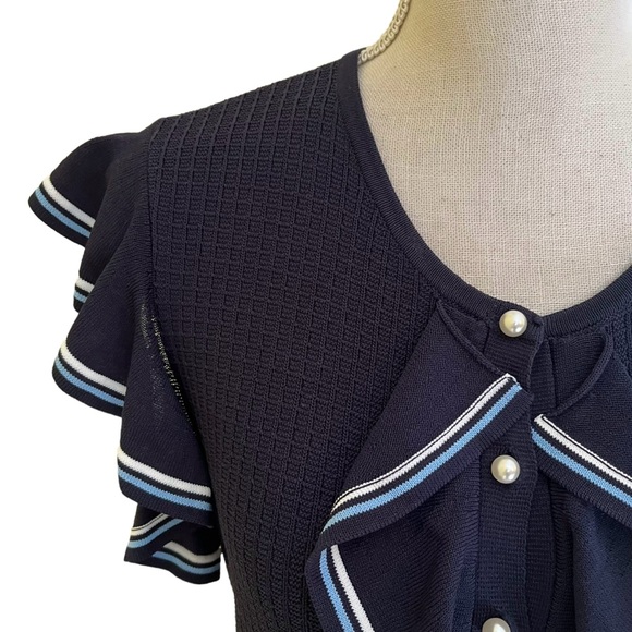 Lela Rose Pearl Navy Blue Ruffle Front Pearl Button Knit Dress L - Picture 6 of 16